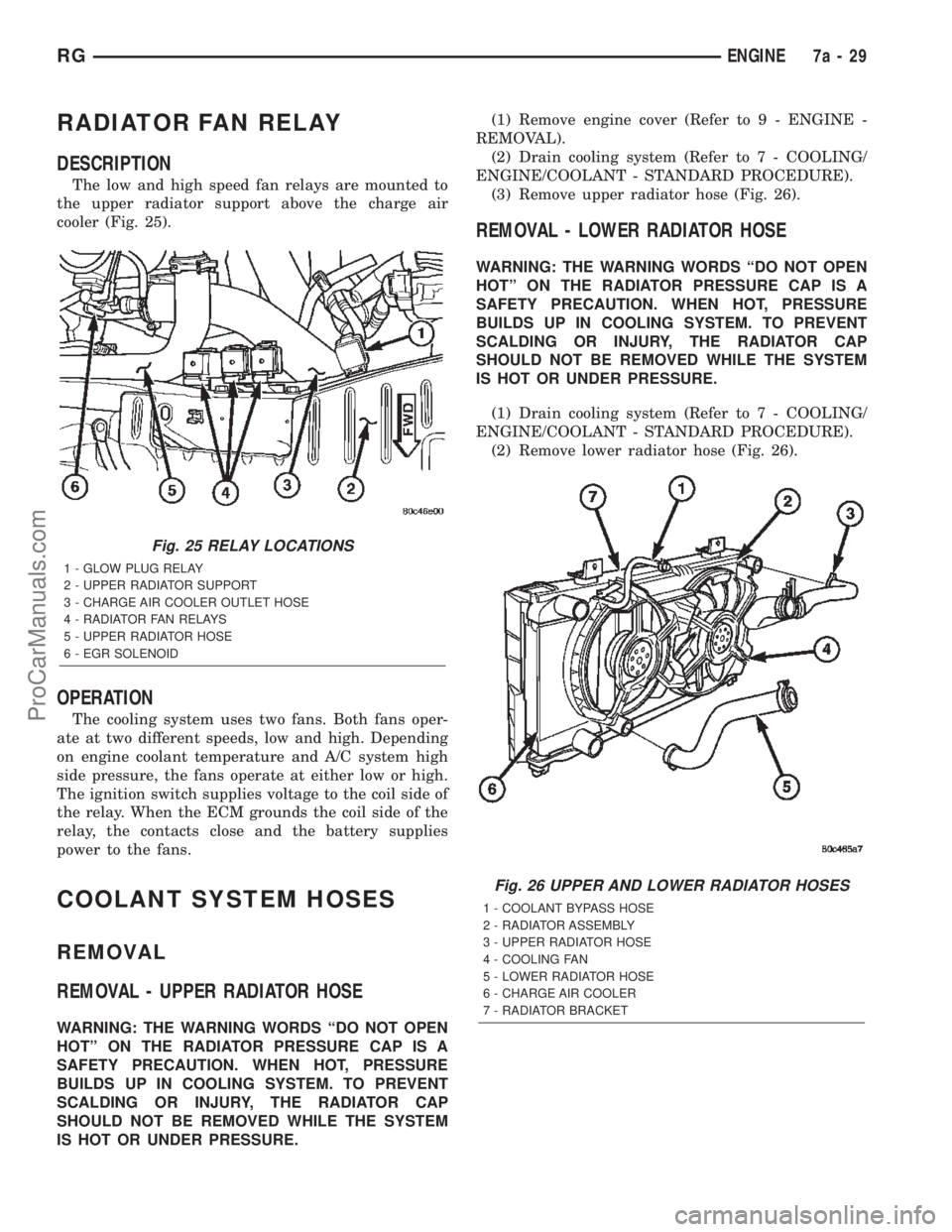 DODGE TOWN AND COUNTRY 2002  Service Manual RADIATOR FAN RELAY
DESCRIPTION
The low and high speed fan relays are mounted to
the upper radiator support above the charge air
cooler (Fig. 25).
OPERATION
The cooling system uses two fans. Both fans 