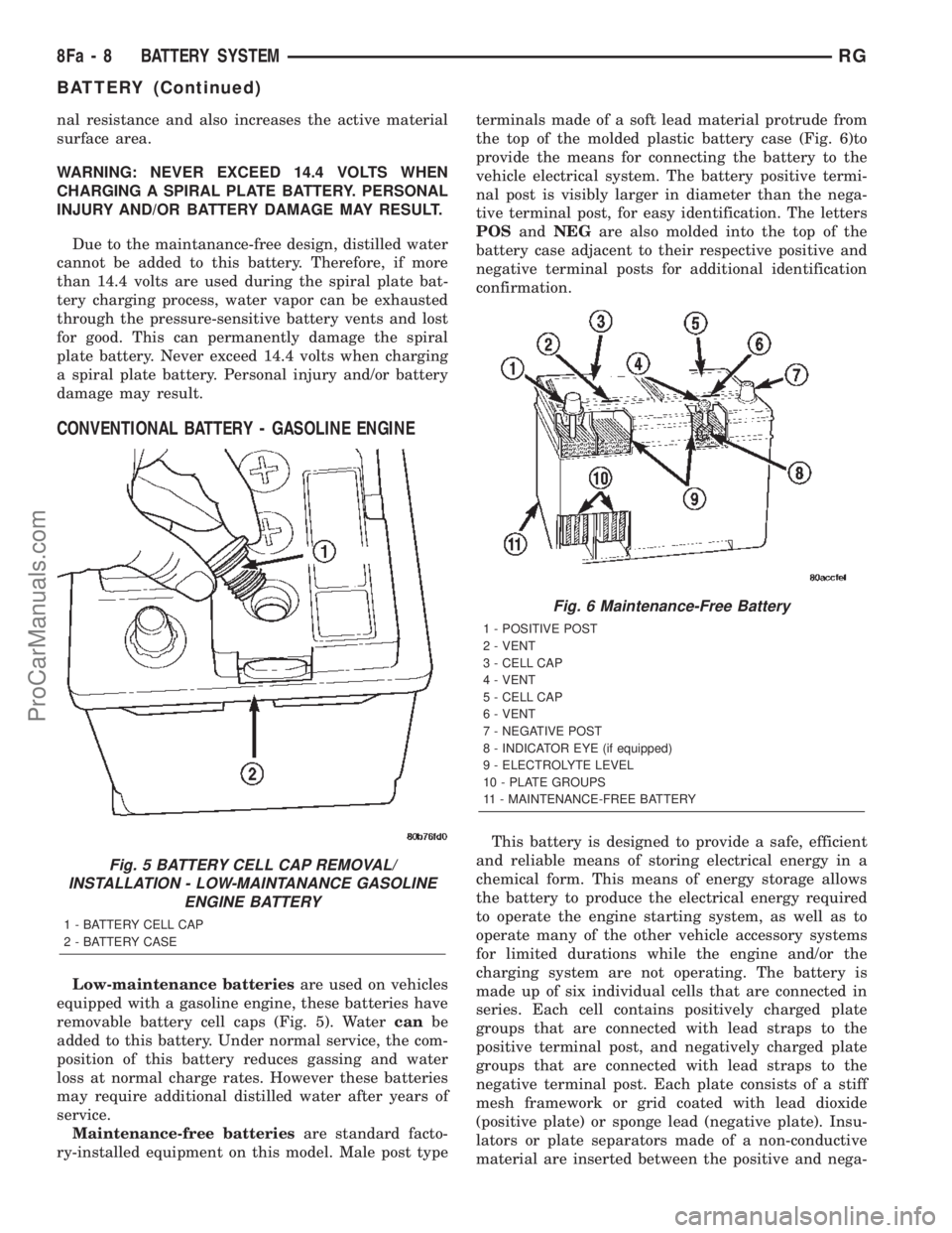 DODGE TOWN AND COUNTRY 2002  Service Manual nal resistance and also increases the active material
surface area.
WARNING: NEVER EXCEED 14.4 VOLTS WHEN
CHARGING A SPIRAL PLATE BATTERY. PERSONAL
INJURY AND/OR BATTERY DAMAGE MAY RESULT.
Due to the 