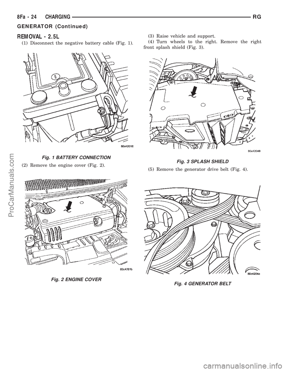 DODGE TOWN AND COUNTRY 2002  Service Manual REMOVAL - 2.5L
(1) Disconnect the negative battery cable (Fig. 1).
(2) Remove the engine cover (Fig. 2).(3) Raise vehicle and support.
(4) Turn wheels to the right. Remove the right
front splash shiel