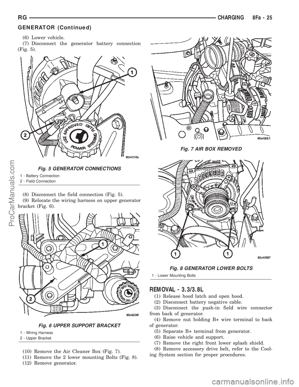 DODGE TOWN AND COUNTRY 2002  Service Manual (6) Lower vehicle.
(7) Disconnect the generator battery connection
(Fig. 5).
(8) Disconnect the field connection (Fig. 5).
(9) Relocate the wiring harness on upper generator
bracket (Fig. 6).
(10) Rem