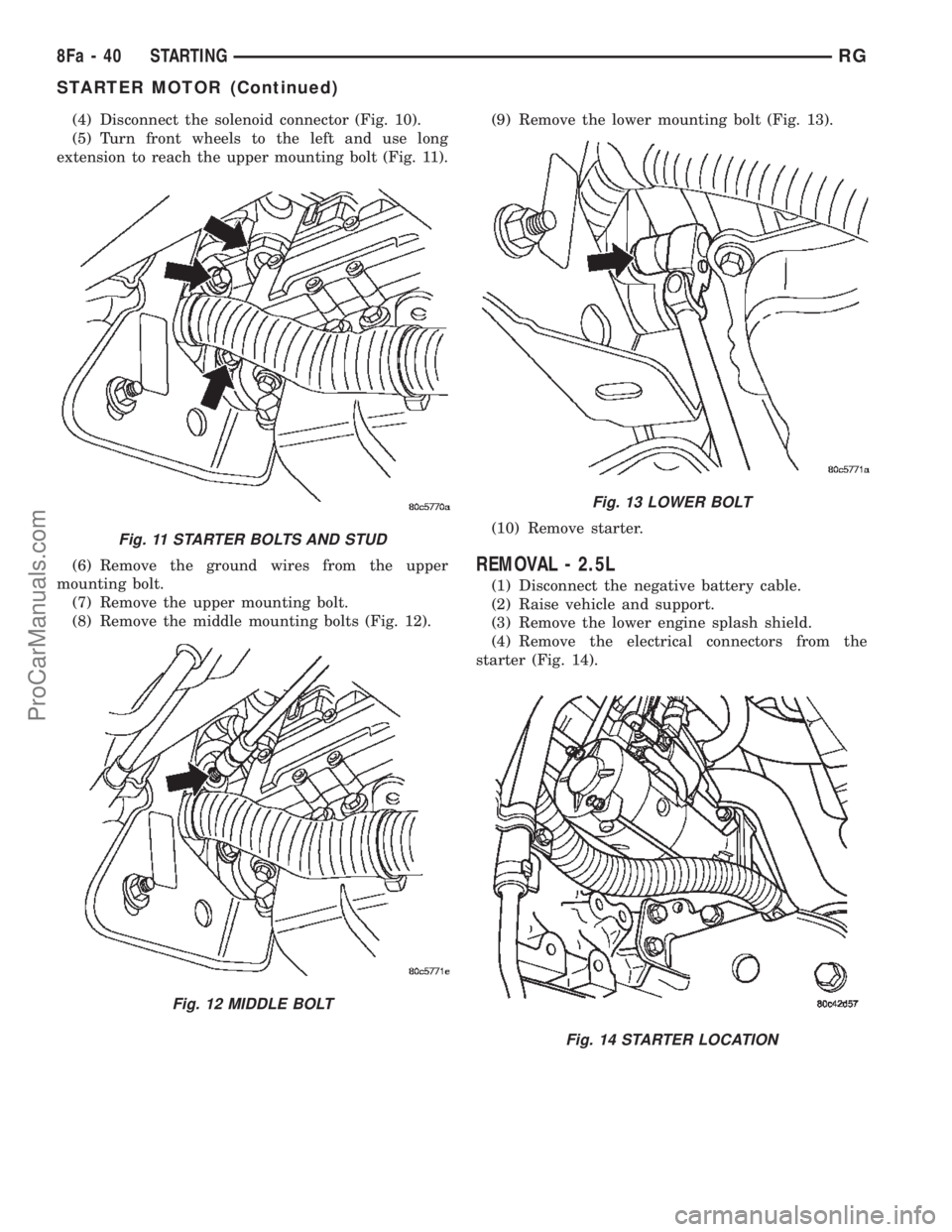 DODGE TOWN AND COUNTRY 2002  Service Manual (4) Disconnect the solenoid connector (Fig. 10).
(5) Turn front wheels to the left and use long
extension to reach the upper mounting bolt (Fig. 11).
(6) Remove the ground wires from the upper
mountin