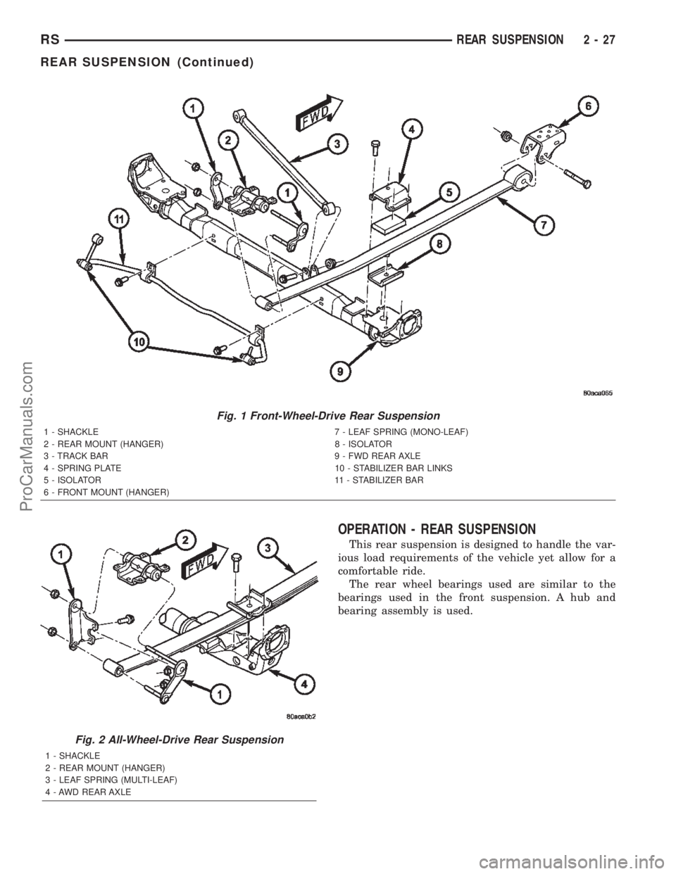 DODGE TOWN AND COUNTRY 2002  Service Manual OPERATION - REAR SUSPENSION
This rear suspension is designed to handle the var-
ious load requirements of the vehicle yet allow for a
comfortable ride.
The rear wheel bearings used are similar to the
