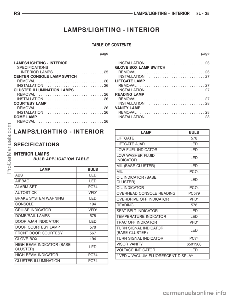 DODGE TOWN AND COUNTRY 2002  Service Manual LAMPS/LIGHTING - INTERIOR
TABLE OF CONTENTS
page page
LAMPS/LIGHTING - INTERIOR
SPECIFICATIONS
INTERIOR LAMPS.....................25
CENTER CONSOLE LAMP SWITCH
REMOVAL.............................26
I