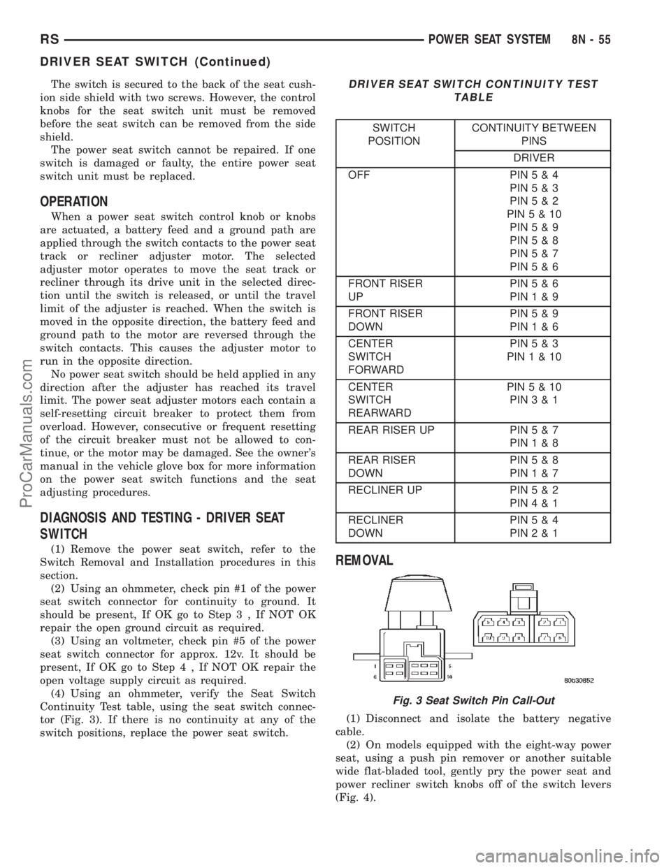 DODGE TOWN AND COUNTRY 2002  Service Manual The switch is secured to the back of the seat cush-
ion side shield with two screws. However, the control
knobs for the seat switch unit must be removed
before the seat switch can be removed from the 
