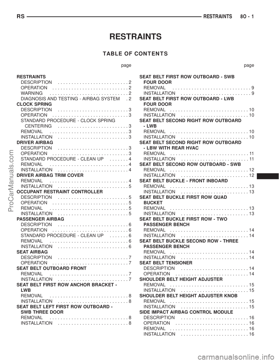 DODGE TOWN AND COUNTRY 2002  Service Manual RESTRAINTS
TABLE OF CONTENTS
page page
RESTRAINTS
DESCRIPTION..........................2
OPERATION............................2
WARNING.............................2
DIAGNOSIS AND TESTING - AIRBAG SYS