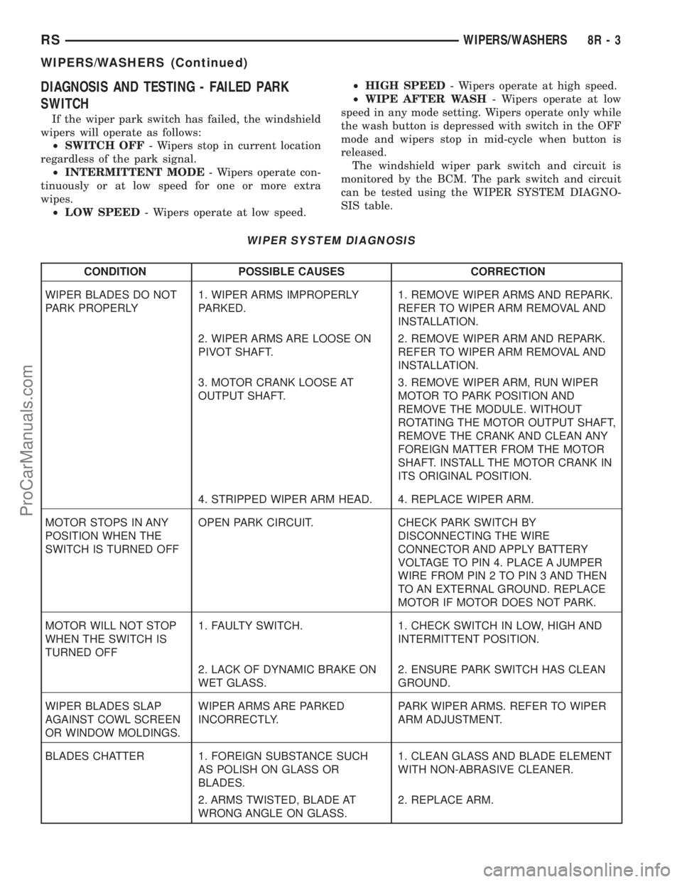 DODGE TOWN AND COUNTRY 2002  Service Manual DIAGNOSIS AND TESTING - FAILED PARK
SWITCH
If the wiper park switch has failed, the windshield
wipers will operate as follows:
²SWITCH OFF- Wipers stop in current location
regardless of the park sign