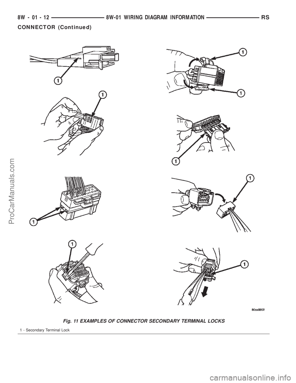 DODGE TOWN AND COUNTRY 2002  Service Manual Fig. 11 EXAMPLES OF CONNECTOR SECONDARY TERMINAL LOCKS
1 - Secondary Terminal Lock
8W - 01 - 12 8W-01 WIRING DIAGRAM INFORMATIONRS
CONNECTOR (Continued)
ProCarManuals.com 