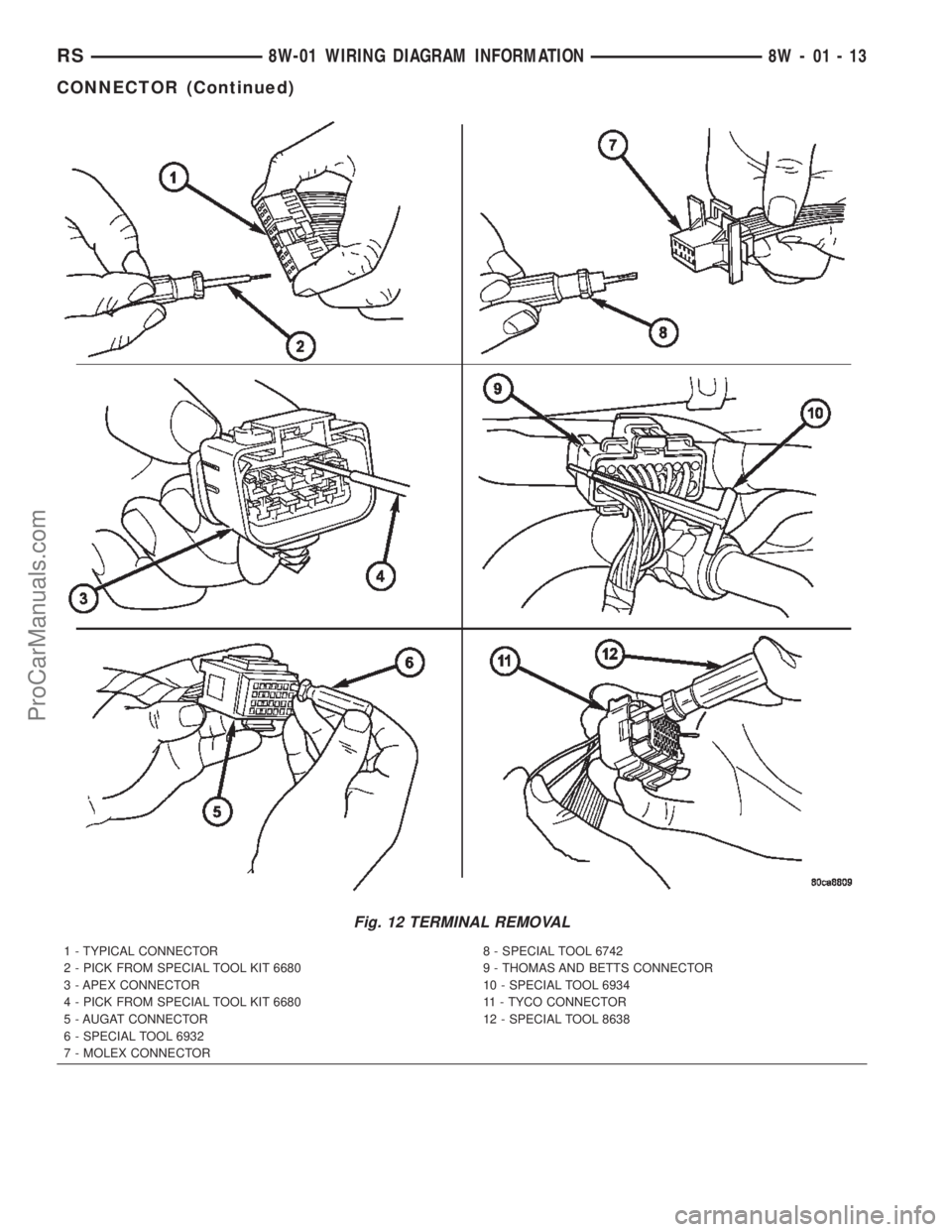 DODGE TOWN AND COUNTRY 2002  Service Manual Fig. 12 TERMINAL REMOVAL
1 - TYPICAL CONNECTOR
2 - PICK FROM SPECIAL TOOL KIT 6680
3 - APEX CONNECTOR
4 - PICK FROM SPECIAL TOOL KIT 6680
5 - AUGAT CONNECTOR
6 - SPECIAL TOOL 6932
7 - MOLEX CONNECTOR8