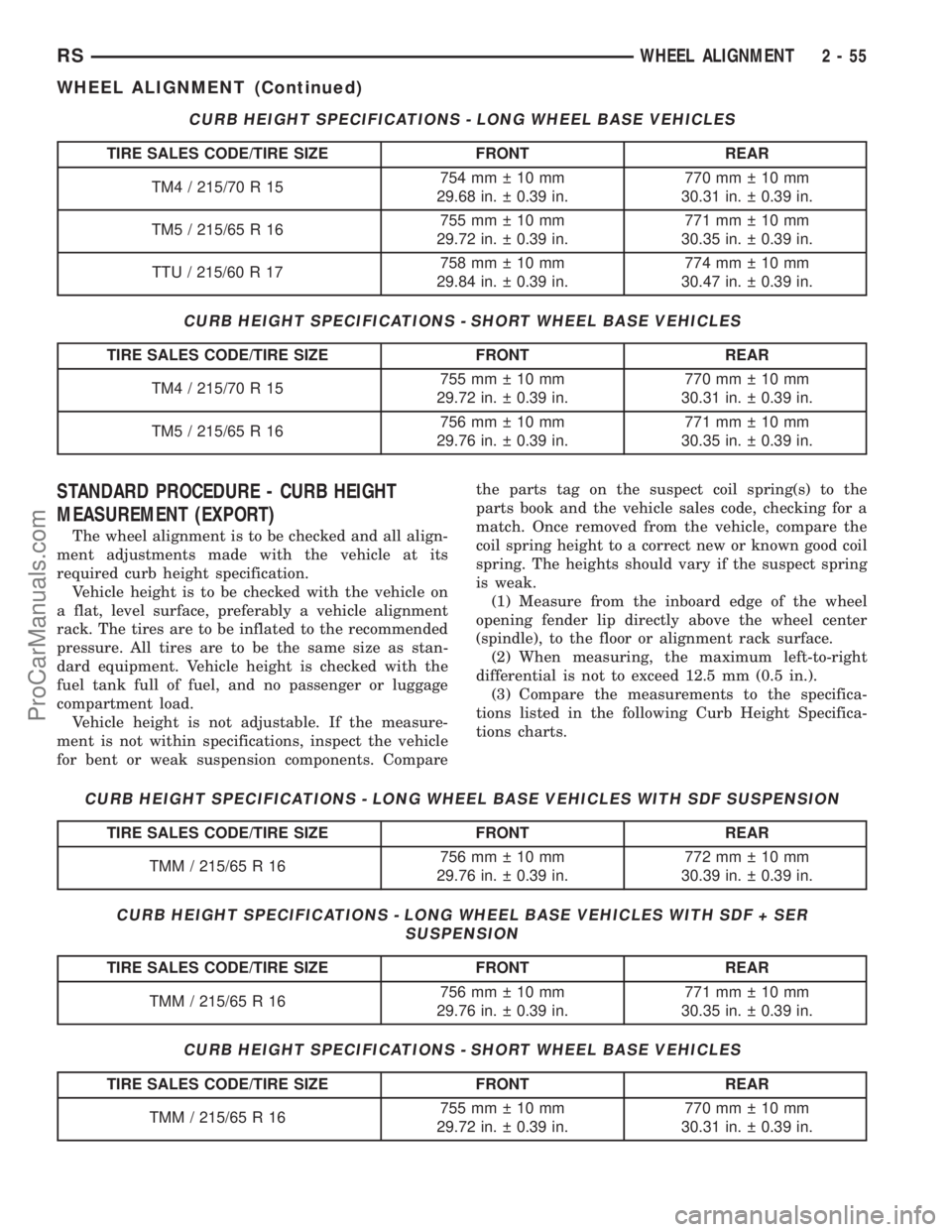 DODGE TOWN AND COUNTRY 2002  Service Manual CURB HEIGHT SPECIFICATIONS - LONG WHEEL BASE VEHICLES
TIRE SALES CODE/TIRE SIZE FRONT REAR
TM4 / 215/70 R 15754mm 10mm
29.68 in.   0.39 in.770mm 10mm
30.31 in.   0.39 in.
TM5 / 215/65 R 16755mm 1