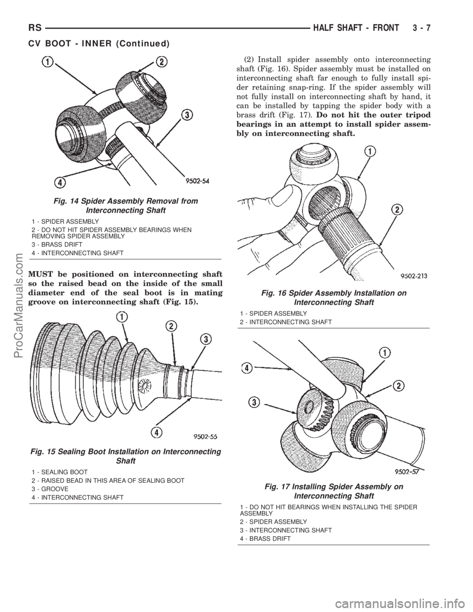 DODGE TOWN AND COUNTRY 2002  Service Manual MUST be positioned on interconnecting shaft
so the raised bead on the inside of the small
diameter end of the seal boot is in mating
groove on interconnecting shaft (Fig. 15).(2) Install spider assemb