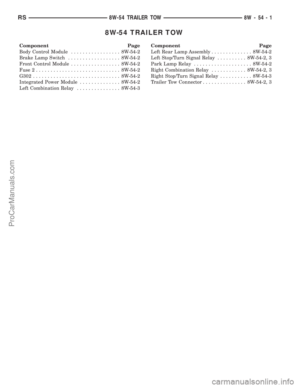 DODGE TOWN AND COUNTRY 2002  Service Manual 8W-54 TRAILER TOW
Component Page
Body Control Module................. 8W-54-2
Brake Lamp Switch.................. 8W-54-2
Front Control Module................. 8W-54-2
Fuse 2..........................