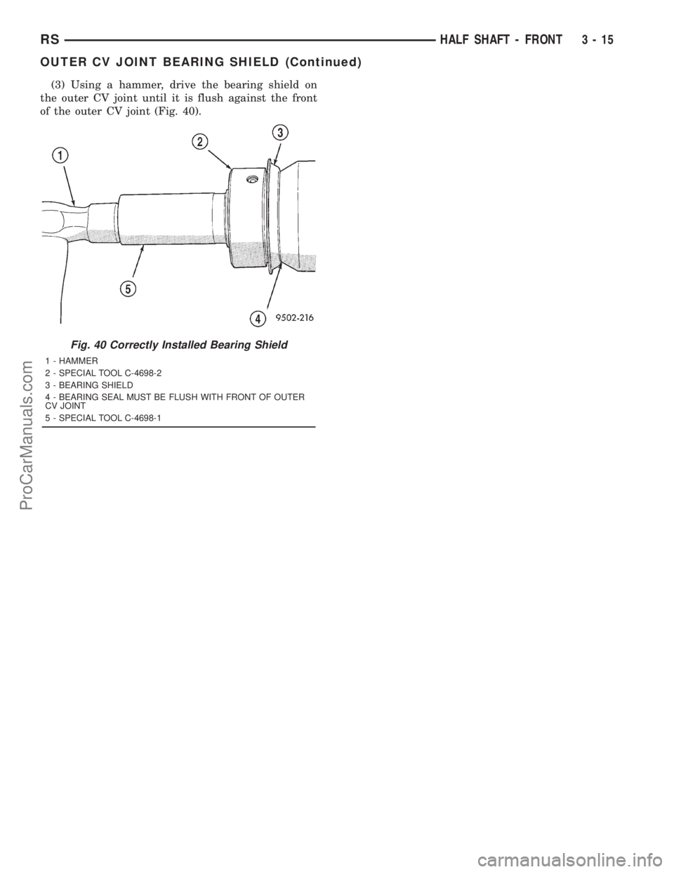 DODGE TOWN AND COUNTRY 2001  Service Manual (3) Using a hammer, drive the bearing shield on
the outer CV joint until it is flush against the front
of the outer CV joint (Fig. 40).
Fig. 40 Correctly Installed Bearing Shield
1 - HAMMER
2 - SPECIA