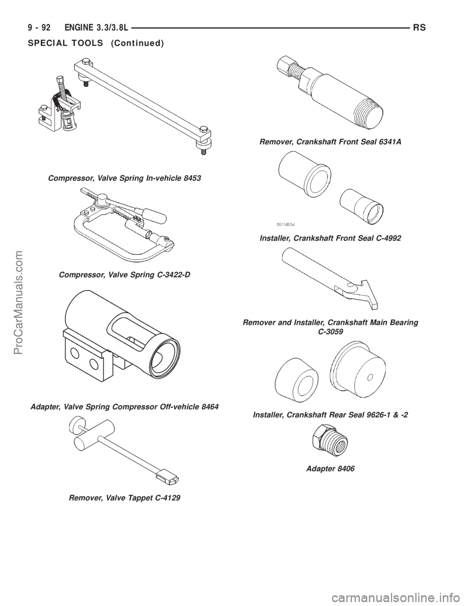 DODGE TOWN AND COUNTRY 2001  Service Manual Compressor, Valve Spring In-vehicle 8453
Compressor, Valve Spring C-3422-D
Adapter, Valve Spring Compressor Off-vehicle 8464
Remover, Valve Tappet C-4129
Remover, Crankshaft Front Seal 6341A
Installer