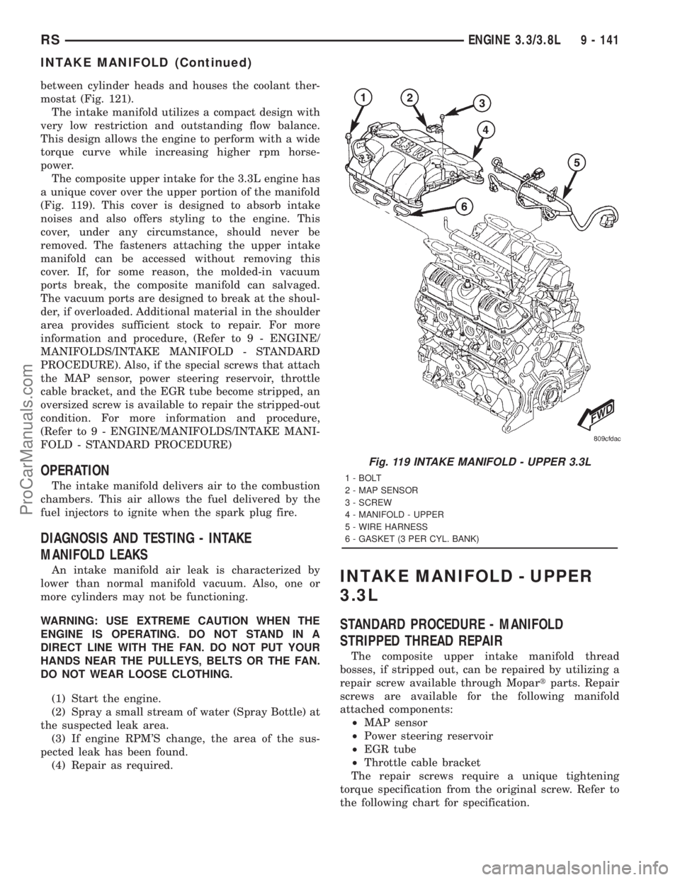 DODGE TOWN AND COUNTRY 2001  Service Manual between cylinder heads and houses the coolant ther-
mostat (Fig. 121).
The intake manifold utilizes a compact design with
very low restriction and outstanding flow balance.
This design allows the engi