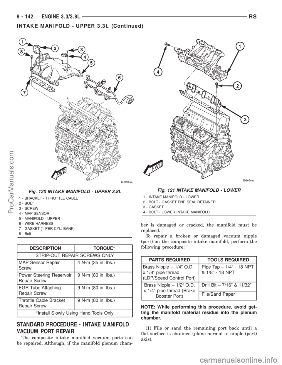DODGE TOWN AND COUNTRY 2001  Service Manual DESCRIPTION TORQUE*
STRIP-OUT REPAIR SCREWS ONLY
MAP Sensor Repair
Screw4 N´m (35 in. lbs.)
Power Steering Reservoir
Repair Screw9 N´m (80 in. lbs.)
EGR Tube Attaching
Repair Screw9 N´m (80 in. lbs