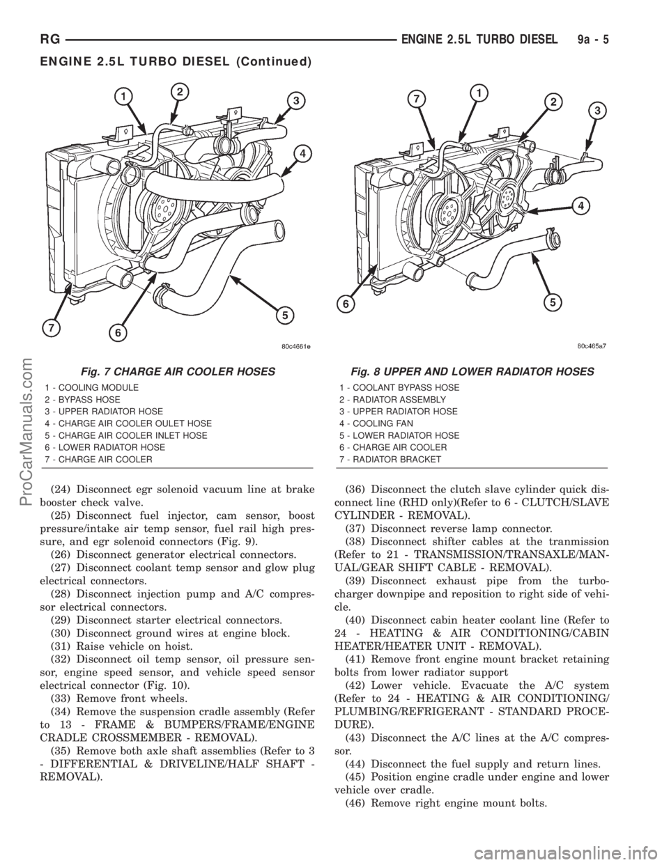 DODGE TOWN AND COUNTRY 2001  Service Manual (24) Disconnect egr solenoid vacuum line at brake
booster check valve.
(25) Disconnect fuel injector, cam sensor, boost
pressure/intake air temp sensor, fuel rail high pres-
sure, and egr solenoid con