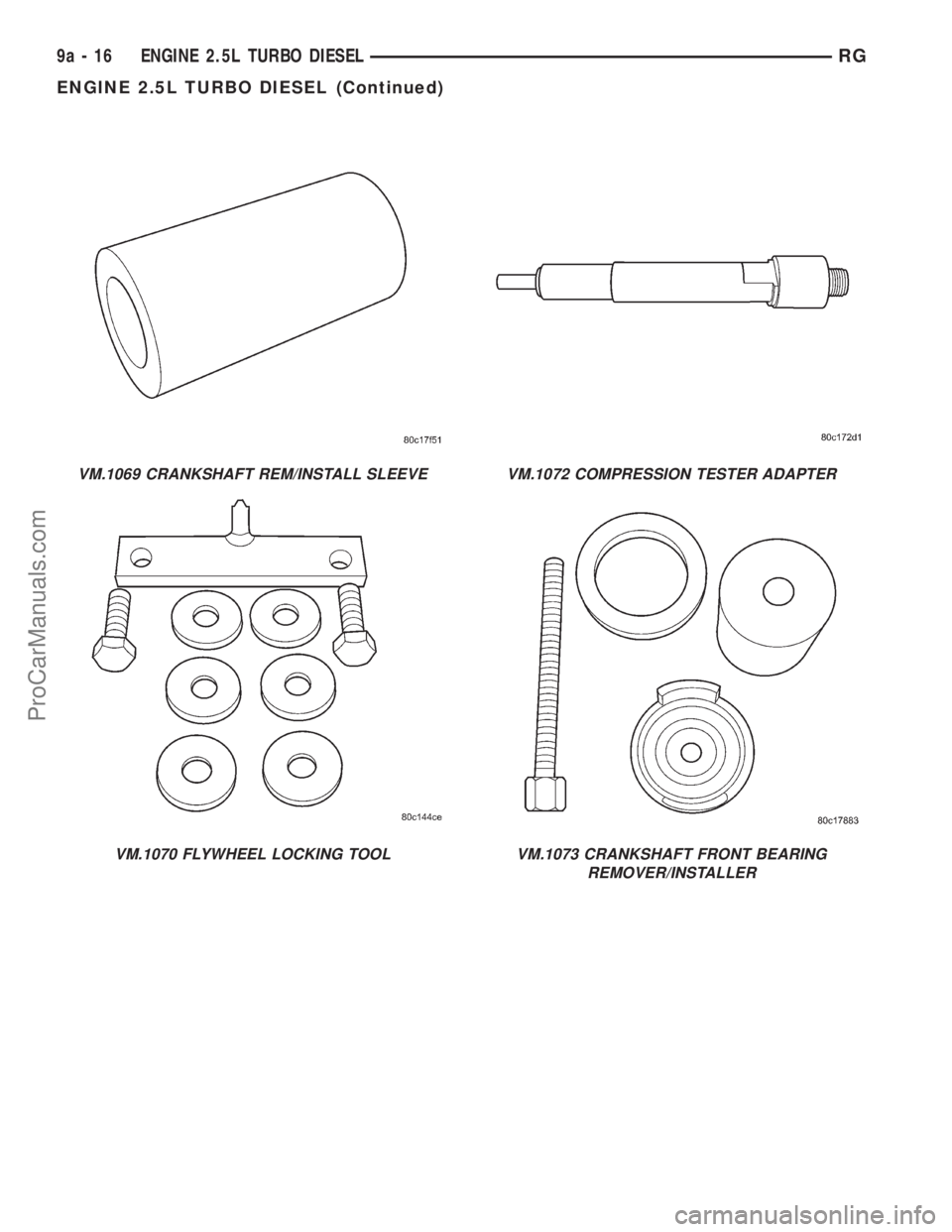 DODGE TOWN AND COUNTRY 2001  Service Manual VM.1069 CRANKSHAFT REM/INSTALL SLEEVE
VM.1070 FLYWHEEL LOCKING TOOL
VM.1072 COMPRESSION TESTER ADAPTER
VM.1073 CRANKSHAFT FRONT BEARING
REMOVER/INSTALLER
9a - 16 ENGINE 2.5L TURBO DIESELRG
ENGINE 2.5L