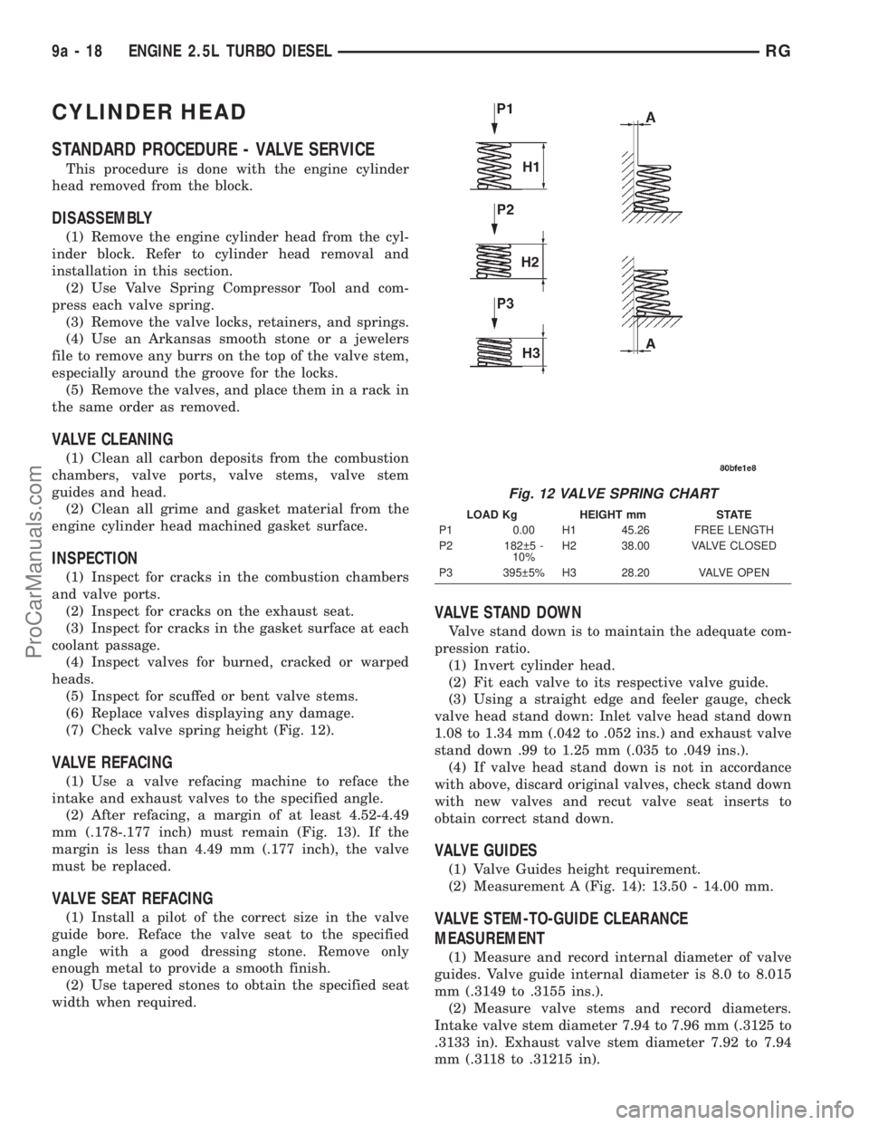 DODGE TOWN AND COUNTRY 2001  Service Manual CYLINDER HEAD
STANDARD PROCEDURE - VALVE SERVICE
This procedure is done with the engine cylinder
head removed from the block.
DISASSEMBLY
(1) Remove the engine cylinder head from the cyl-
inder block.