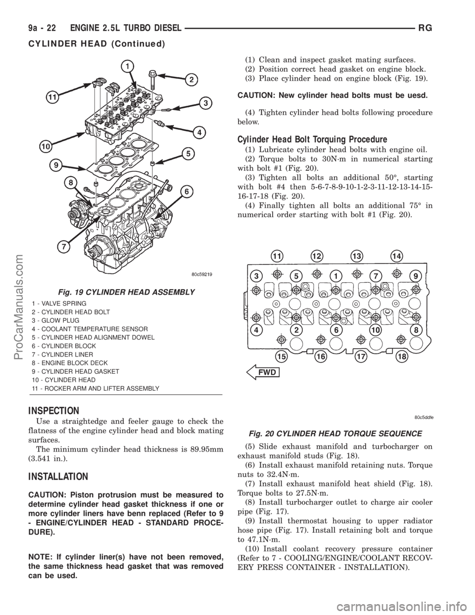DODGE TOWN AND COUNTRY 2001  Service Manual INSPECTION
Use a straightedge and feeler gauge to check the
flatness of the engine cylinder head and block mating
surfaces.
The minimum cylinder head thickness is 89.95mm
(3.541 in.).
INSTALLATION
CAU