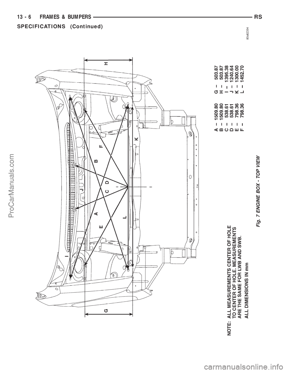 DODGE TOWN AND COUNTRY 2001  Service Manual Fig. 7 ENGINE BOX - TOP VIEW
13 - 6 FRAMES & BUMPERSRS
SPECIFICATIONS (Continued)
ProCarManuals.com 