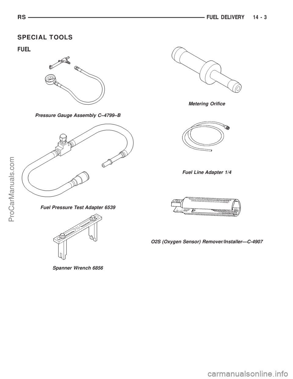 DODGE TOWN AND COUNTRY 2001  Service Manual SPECIAL TOOLS
FUEL
Pressure Gauge Assembly C±4799±B
Fuel Pressure Test Adapter 6539
Spanner Wrench 6856
Metering Orifice
Fuel Line Adapter 1/4
O2S (Oxygen Sensor) Remover/InstallerÐC-4907
RSFUEL DE