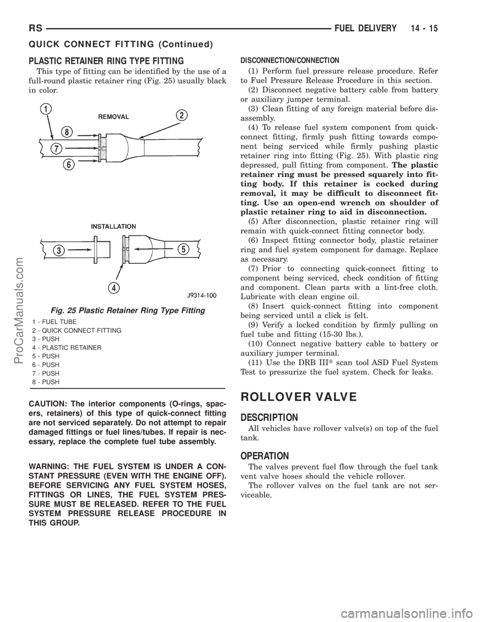 DODGE TOWN AND COUNTRY 2001  Service Manual PLASTIC RETAINER RING TYPE FITTING
This type of fitting can be identified by the use of a
full-round plastic retainer ring (Fig. 25) usually black
in color.
CAUTION: The interior components (O-rings, 