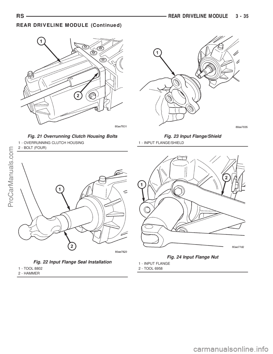 DODGE TOWN AND COUNTRY 2001  Service Manual Fig. 21 Overrunning Clutch Housing Bolts
1 - OVERRUNNING CLUTCH HOUSING
2 - BOLT (FOUR)
Fig. 22 Input Flange Seal Installation
1 - TOOL 8802
2 - HAMMER
Fig. 23 Input Flange/Shield
1 - INPUT FLANGE/SHI