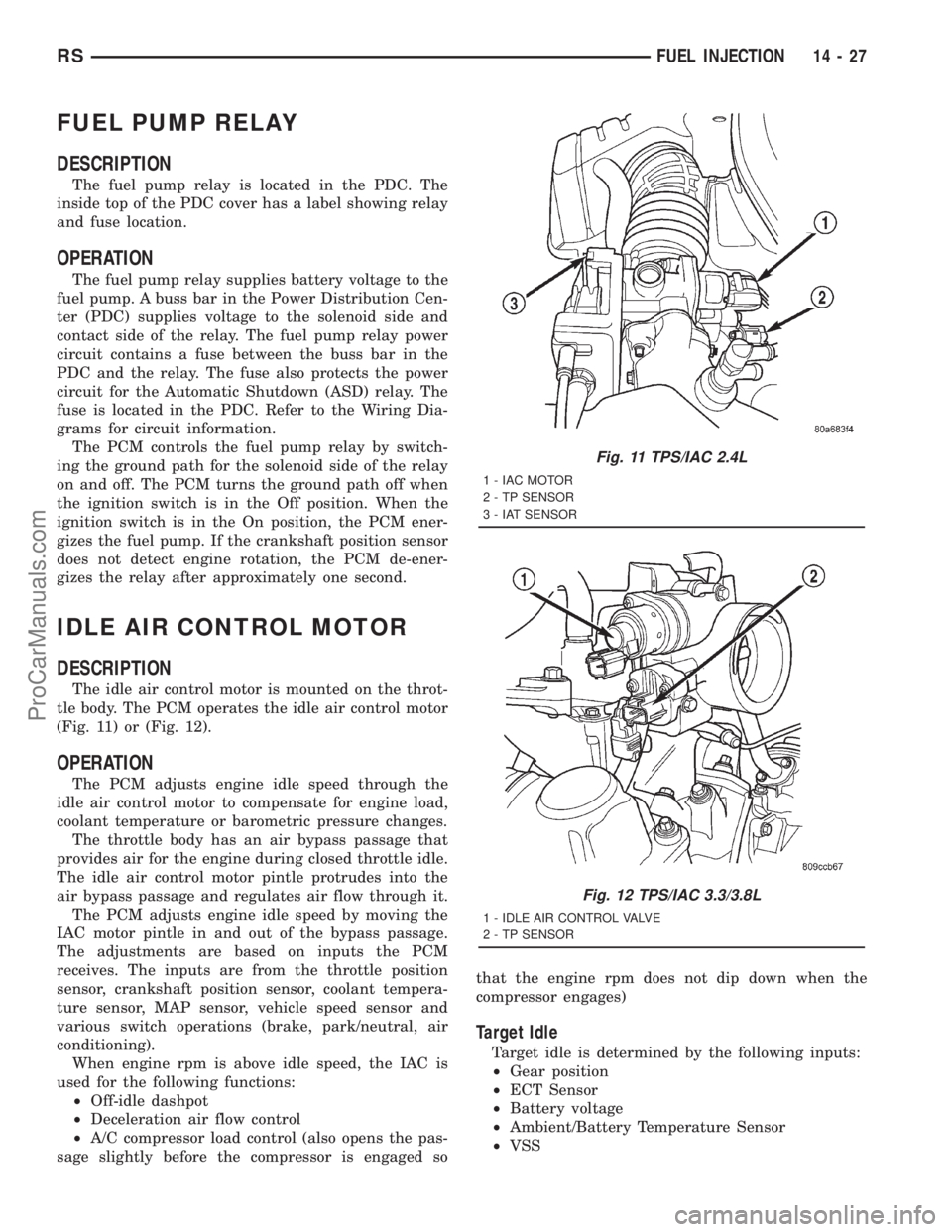 DODGE TOWN AND COUNTRY 2001  Service Manual FUEL PUMP RELAY
DESCRIPTION
The fuel pump relay is located in the PDC. The
inside top of the PDC cover has a label showing relay
and fuse location.
OPERATION
The fuel pump relay supplies battery volta