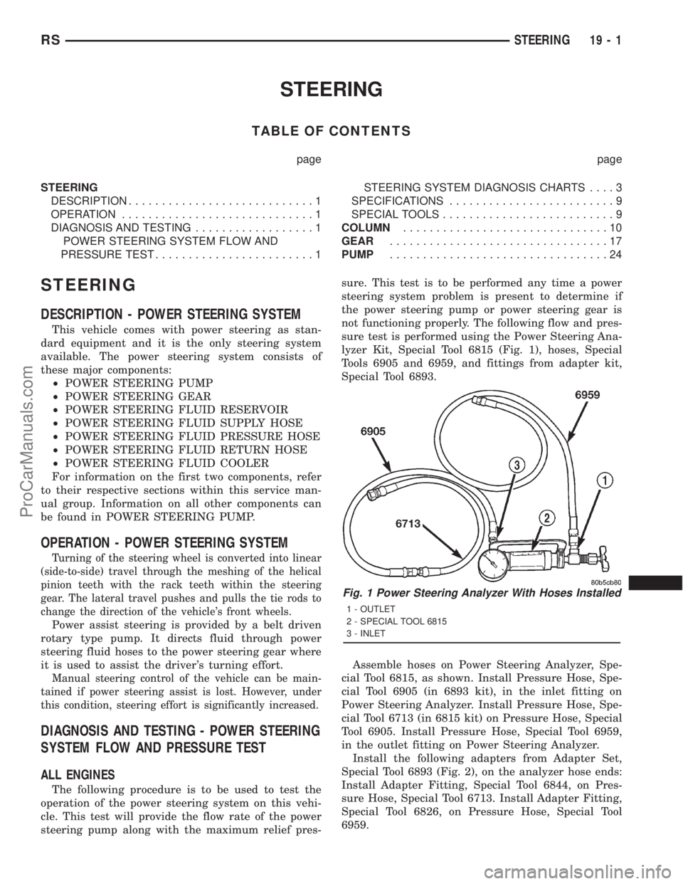 DODGE TOWN AND COUNTRY 2001  Service Manual STEERING
TABLE OF CONTENTS
page page
STEERING
DESCRIPTION............................1
OPERATION.............................1
DIAGNOSIS AND TESTING..................1
POWER STEERING SYSTEM FLOW AND
P