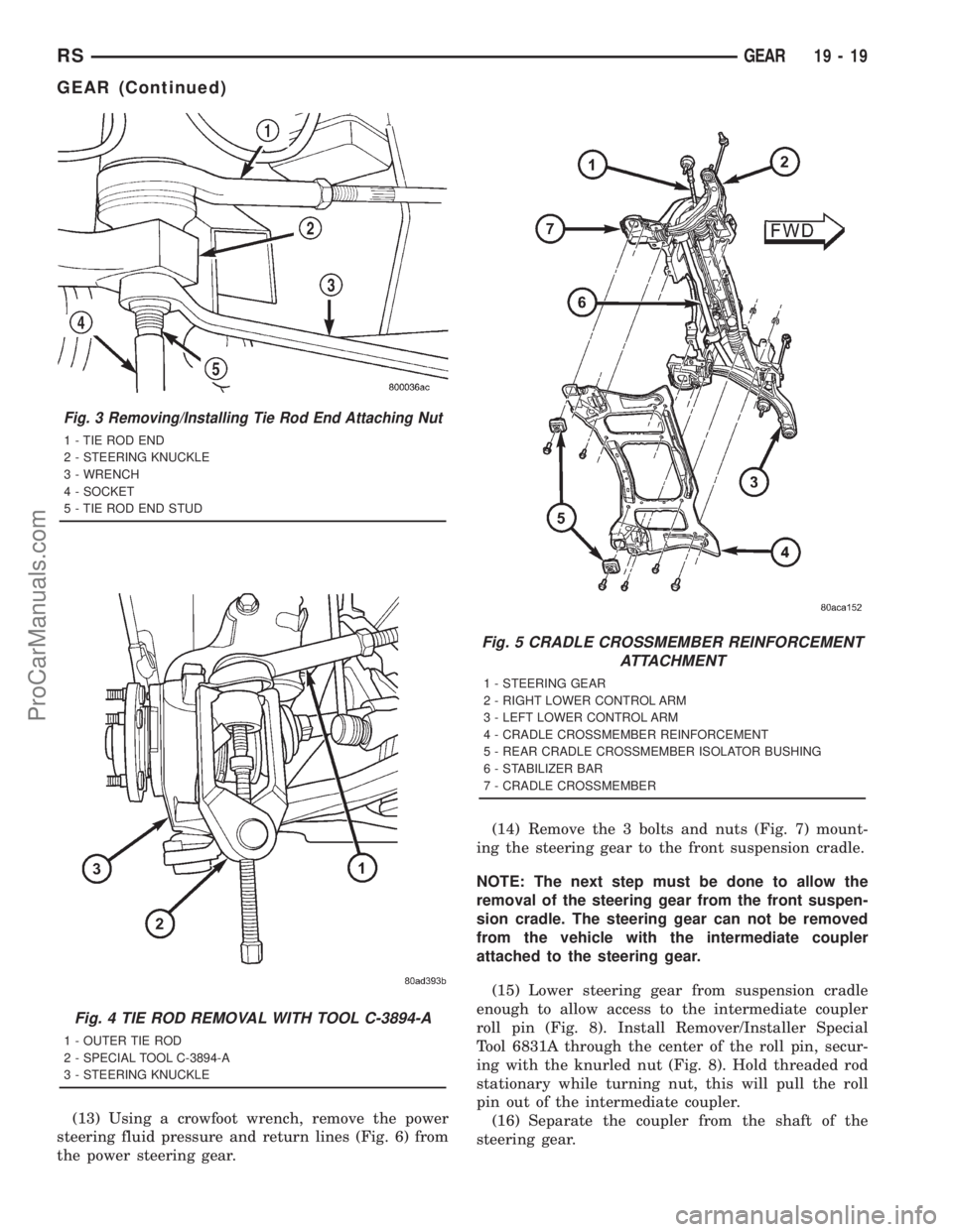 DODGE TOWN AND COUNTRY 2001  Service Manual (13) Using a crowfoot wrench, remove the power
steering fluid pressure and return lines (Fig. 6) from
the power steering gear.(14) Remove the 3 bolts and nuts (Fig. 7) mount-
ing the steering gear to 