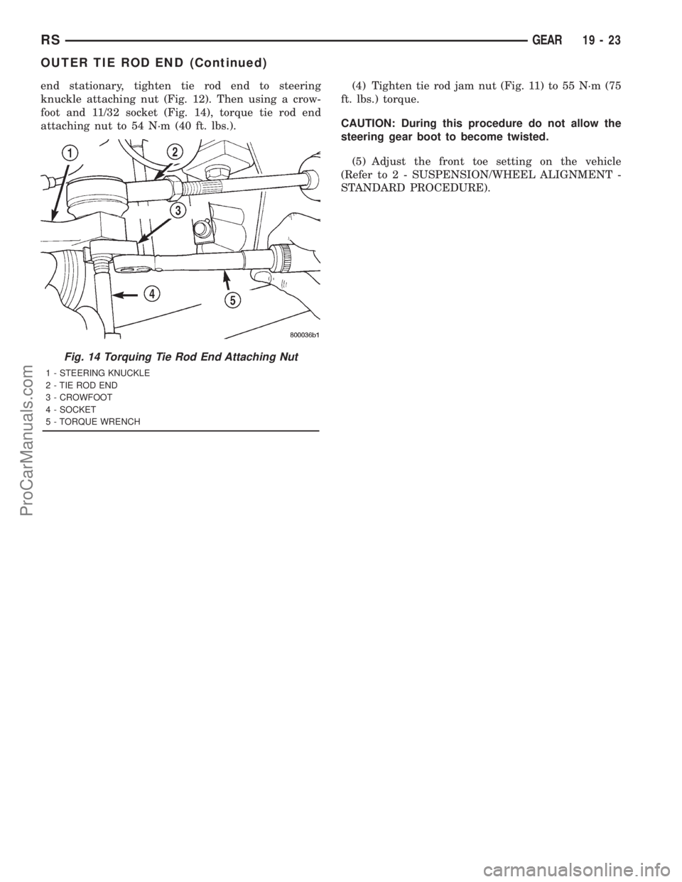 DODGE TOWN AND COUNTRY 2001  Service Manual end stationary, tighten tie rod end to steering
knuckle attaching nut (Fig. 12). Then using a crow-
foot and 11/32 socket (Fig. 14), torque tie rod end
attaching nut to 54 N´m (40 ft. lbs.).(4) Tight