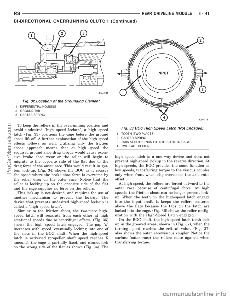 DODGE TOWN AND COUNTRY 2001  Service Manual To keep the rollers in the overrunning position and
avoid undesired9high speed lockup9, a high speed
latch (Fig. 33) positions the cage before the ground
shoes lift off. A further explanation of the h