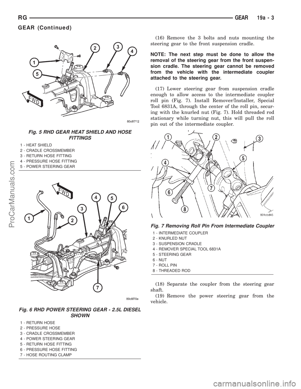 DODGE TOWN AND COUNTRY 2001  Service Manual (16) Remove the 3 bolts and nuts mounting the
steering gear to the front suspension cradle.
NOTE: The next step must be done to allow the
removal of the steering gear from the front suspen-
sion cradl