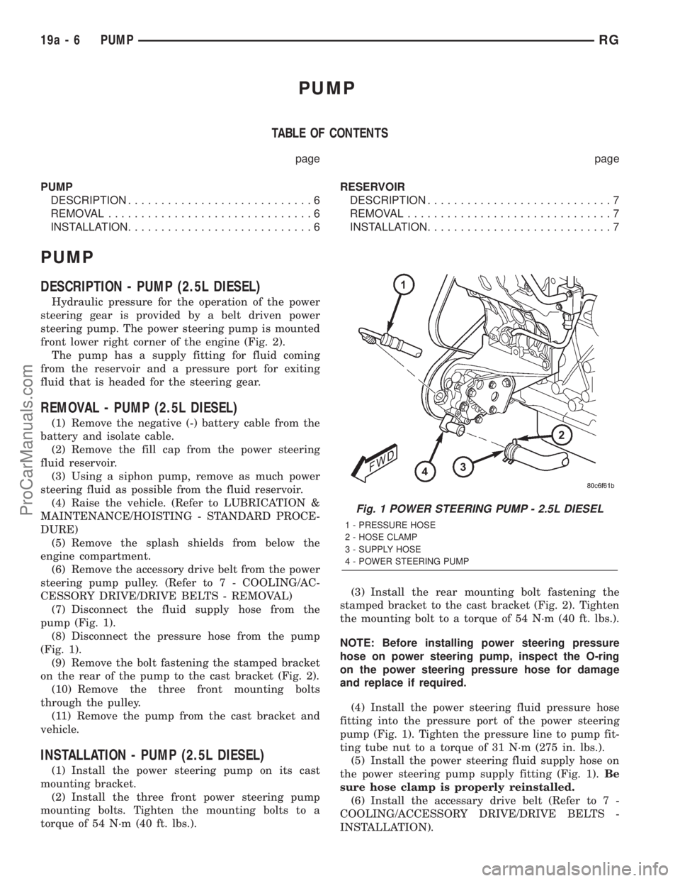 DODGE TOWN AND COUNTRY 2001  Service Manual PUMP
TABLE OF CONTENTS
page page
PUMP
DESCRIPTION............................6
REMOVAL...............................6
INSTALLATION............................6RESERVOIR
DESCRIPTION...................