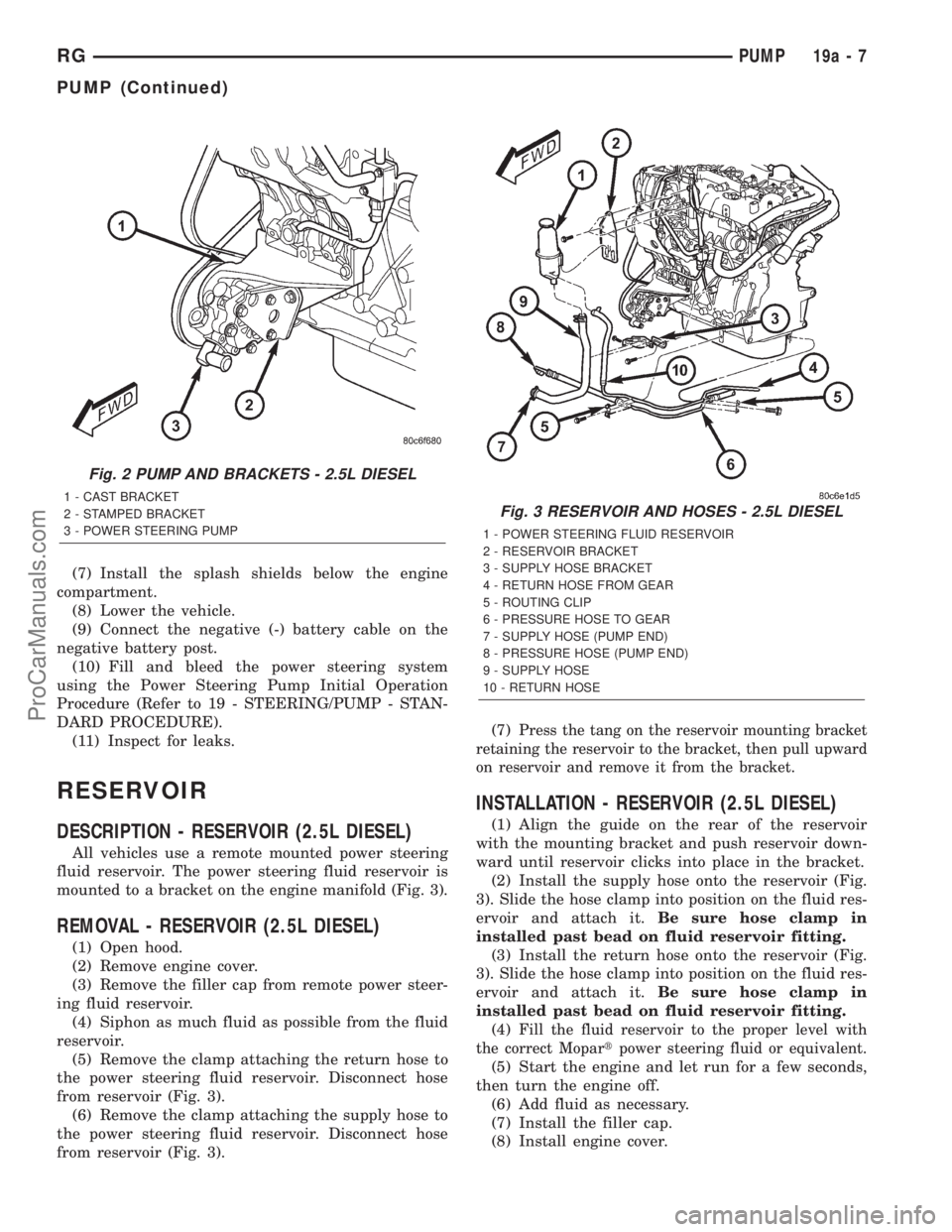 DODGE TOWN AND COUNTRY 2001  Service Manual (7) Install the splash shields below the engine
compartment.
(8) Lower the vehicle.
(9) Connect the negative (-) battery cable on the
negative battery post.
(10) Fill and bleed the power steering syst