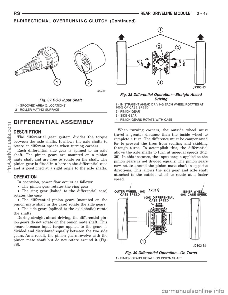 DODGE TOWN AND COUNTRY 2001  Service Manual DIFFERENTIAL ASSEMBLY
DESCRIPTION
The differential gear system divides the torque
between the axle shafts. It allows the axle shafts to
rotate at different speeds when turning corners.
Each differenti