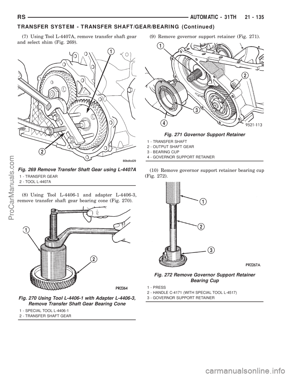 DODGE TOWN AND COUNTRY 2001  Service Manual (7) Using Tool L-4407A, remove transfer shaft gear
and select shim (Fig. 269).
(8) Using Tool L-4406-1 and adapter L-4406-3,
remove transfer shaft gear bearing cone (Fig. 270).(9) Remove governor supp