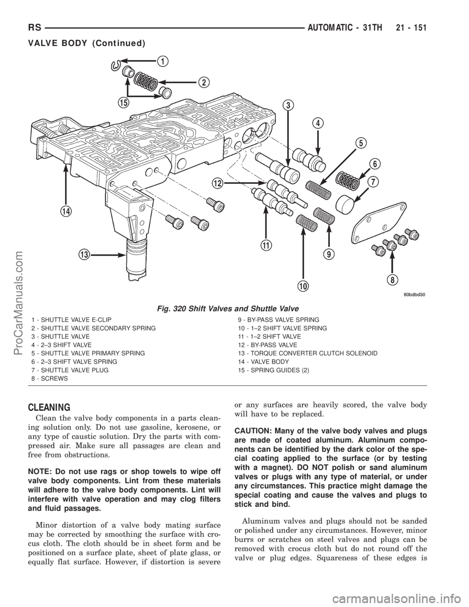 DODGE TOWN AND COUNTRY 2001  Service Manual CLEANING
Clean the valve body components in a parts clean-
ing solution only. Do not use gasoline, kerosene, or
any type of caustic solution. Dry the parts with com-
pressed air. Make sure all passage