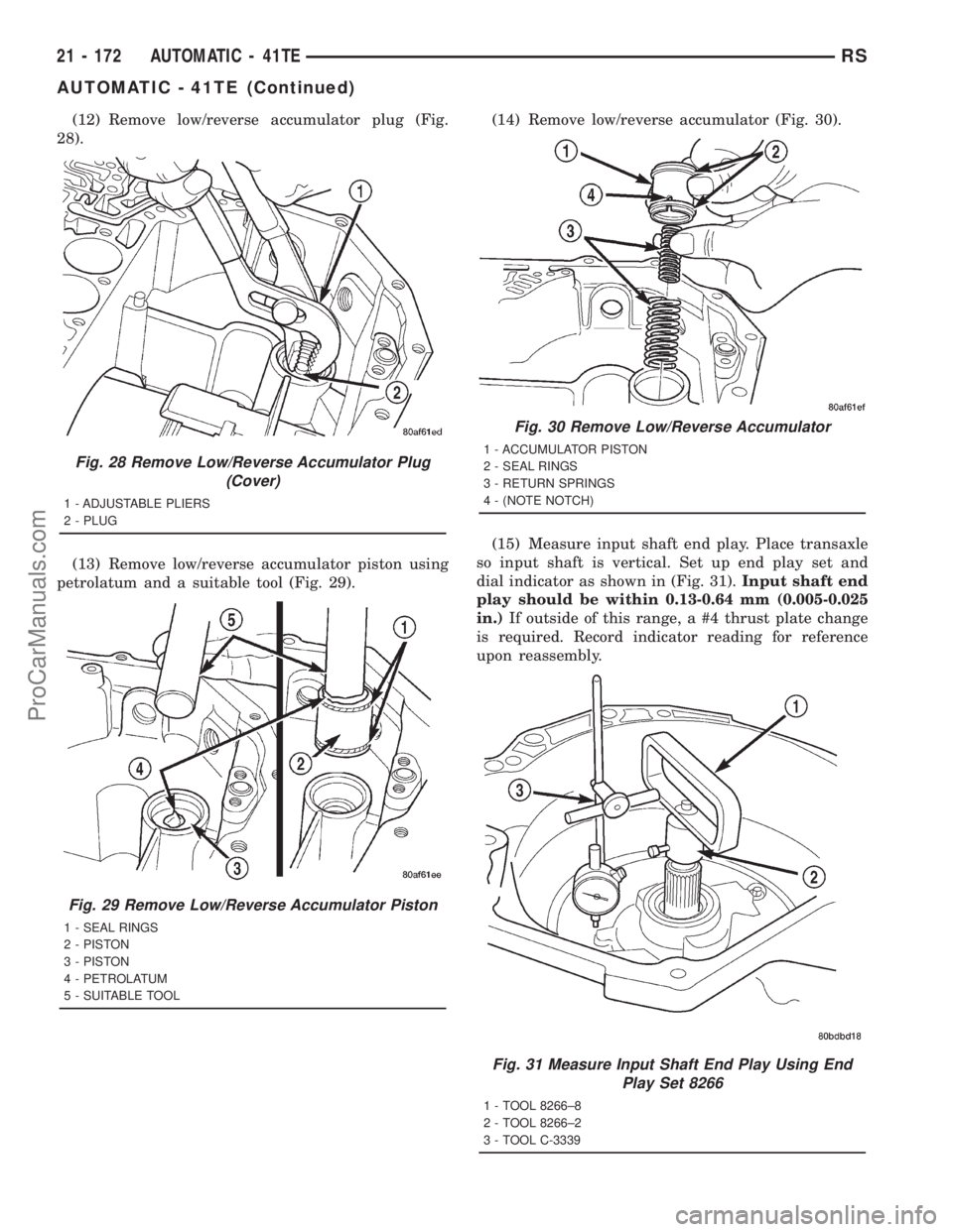 DODGE TOWN AND COUNTRY 2001  Service Manual (12) Remove low/reverse accumulator plug (Fig.
28).
(13) Remove low/reverse accumulator piston using
petrolatum and a suitable tool (Fig. 29).(14) Remove low/reverse accumulator (Fig. 30).
(15) Measur