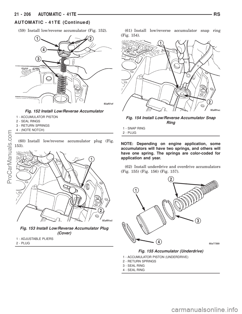 DODGE TOWN AND COUNTRY 2001  Service Manual (59) Install low/reverse accumulator (Fig. 152).
(60) Install low/reverse accumulator plug (Fig.
153).(61) Install low/reverse accumulator snap ring
(Fig. 154).
NOTE: Depending on engine application, 
