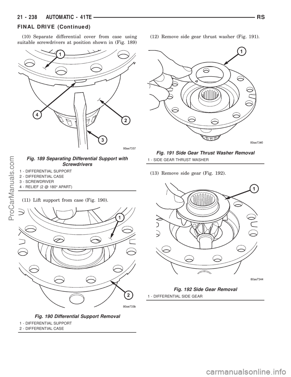 DODGE TOWN AND COUNTRY 2001  Service Manual (10) Separate differential cover from case using
suitable screwdrivers at position shown in (Fig. 189)
(11) Lift support from case (Fig. 190).(12) Remove side gear thrust washer (Fig. 191).
(13) Remov