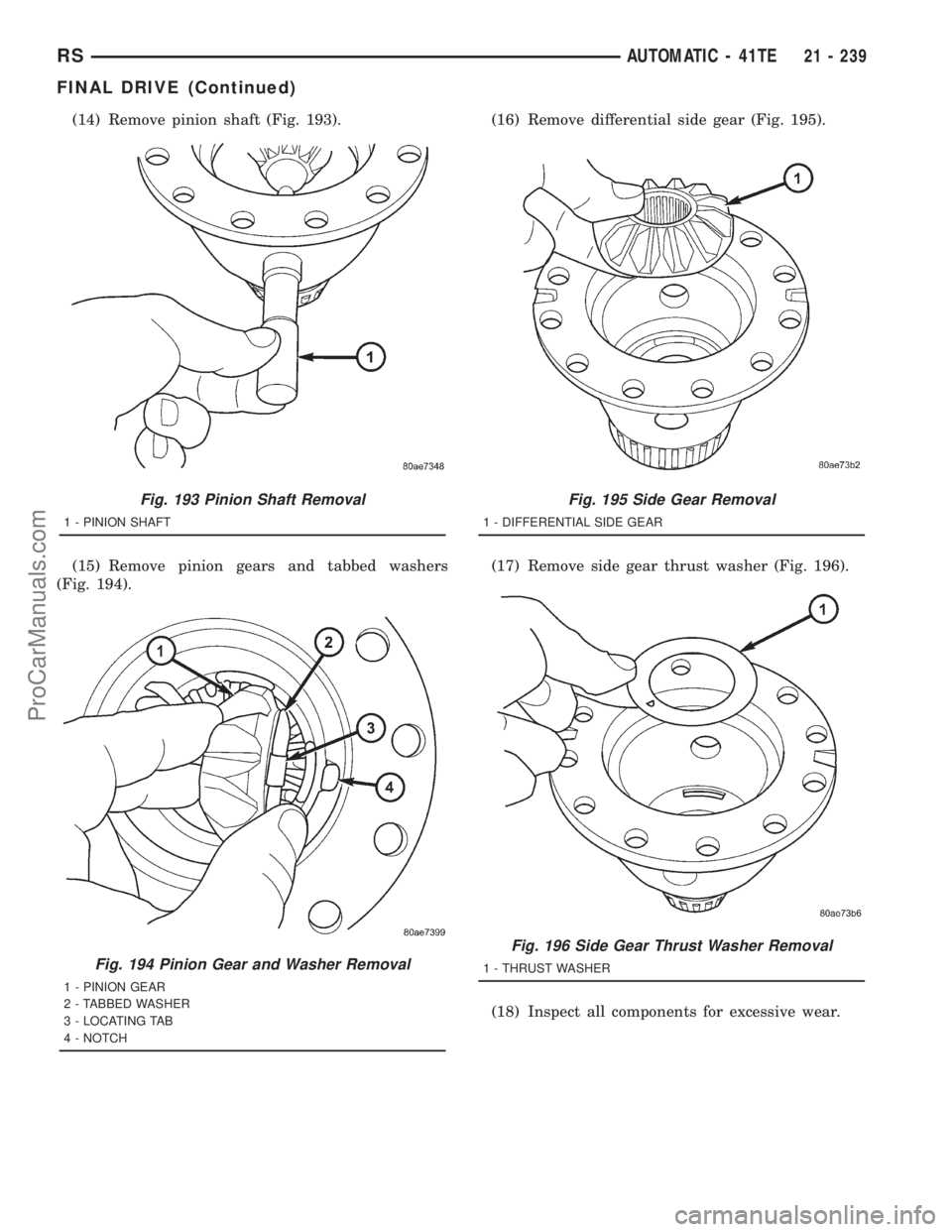 DODGE TOWN AND COUNTRY 2001  Service Manual (14) Remove pinion shaft (Fig. 193).
(15) Remove pinion gears and tabbed washers
(Fig. 194).(16) Remove differential side gear (Fig. 195).
(17) Remove side gear thrust washer (Fig. 196).
(18) Inspect 