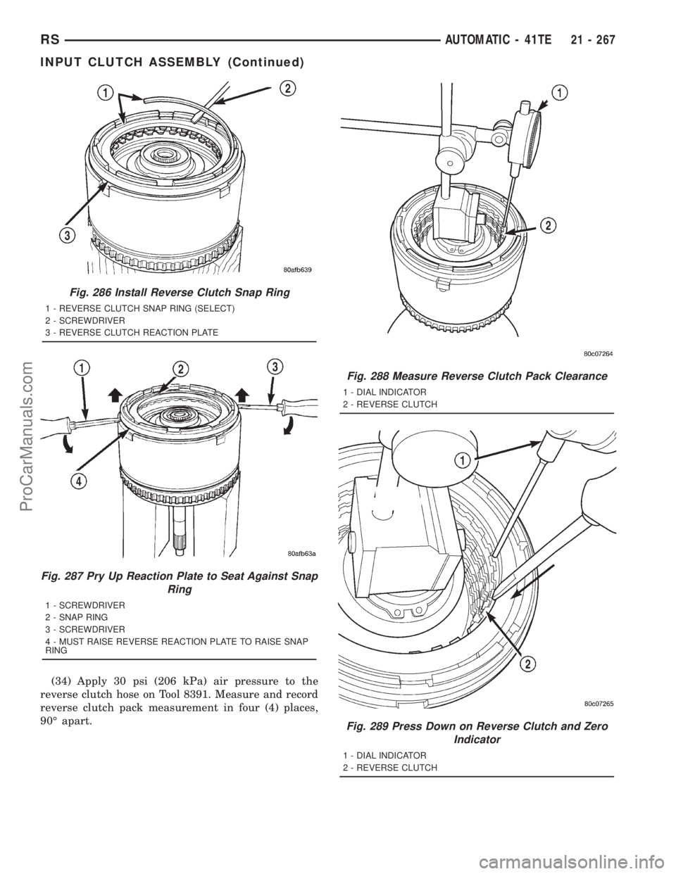 DODGE TOWN AND COUNTRY 2001  Service Manual (34) Apply 30 psi (206 kPa) air pressure to the
reverse clutch hose on Tool 8391. Measure and record
reverse clutch pack measurement in four (4) places,
90É apart.
Fig. 286 Install Reverse Clutch Sna