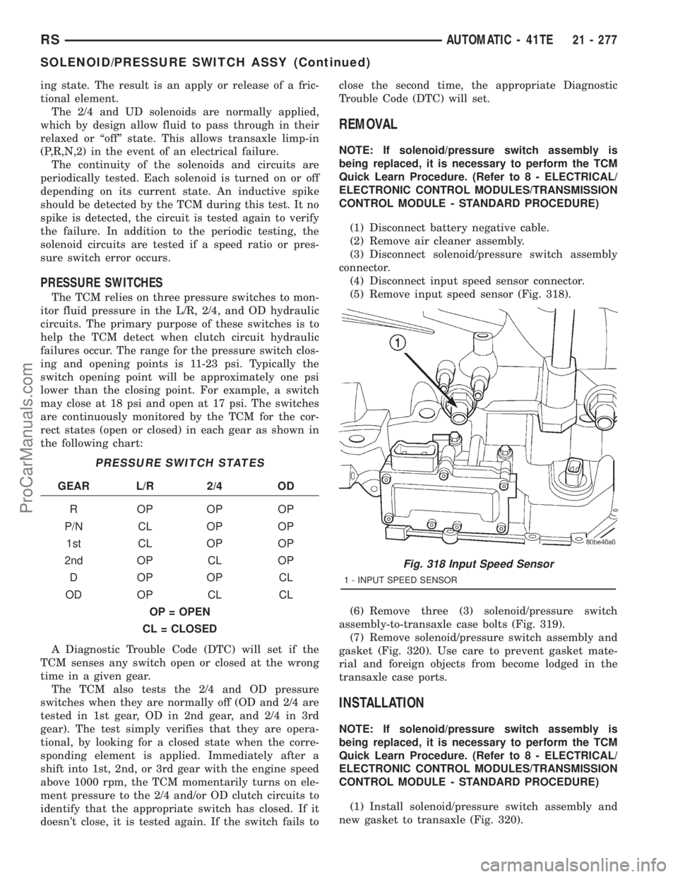 DODGE TOWN AND COUNTRY 2001  Service Manual ing state. The result is an apply or release of a fric-
tional element.
The 2/4 and UD solenoids are normally applied,
which by design allow fluid to pass through in their
relaxed or ªoffº state. Th