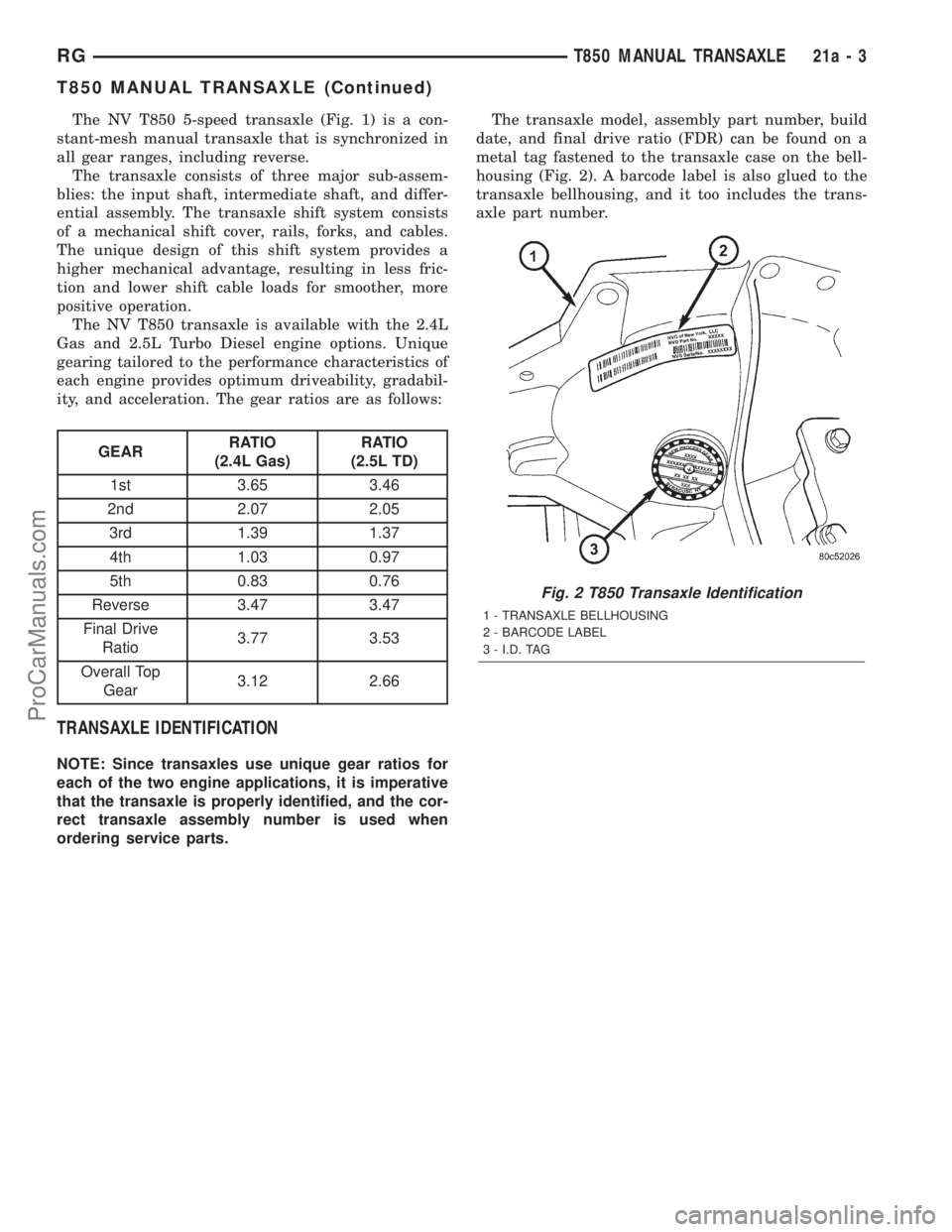 DODGE TOWN AND COUNTRY 2001  Service Manual The NV T850 5-speed transaxle (Fig. 1) is a con-
stant-mesh manual transaxle that is synchronized in
all gear ranges, including reverse.
The transaxle consists of three major sub-assem-
blies: the inp