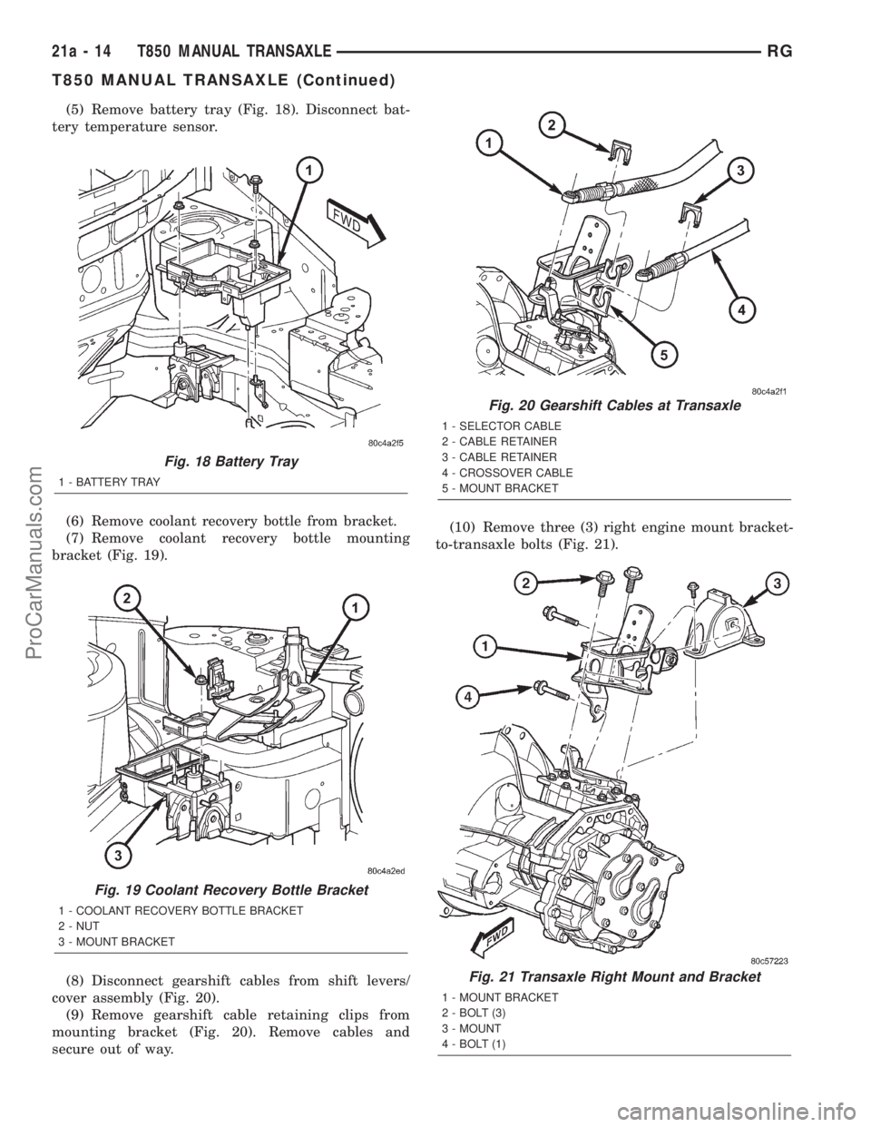 DODGE TOWN AND COUNTRY 2001  Service Manual (5) Remove battery tray (Fig. 18). Disconnect bat-
tery temperature sensor.
(6) Remove coolant recovery bottle from bracket.
(7) Remove coolant recovery bottle mounting
bracket (Fig. 19).
(8) Disconne