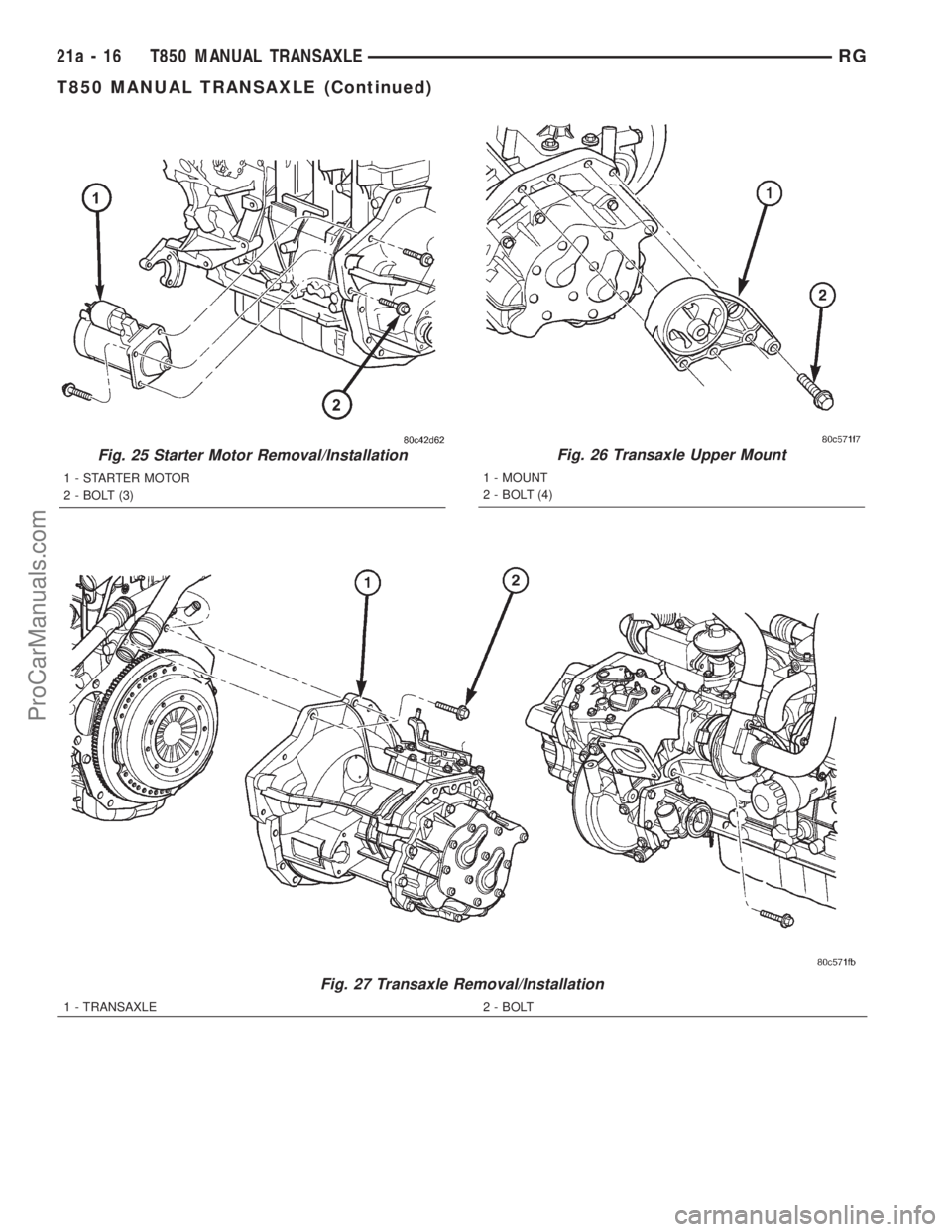 DODGE TOWN AND COUNTRY 2001  Service Manual Fig. 25 Starter Motor Removal/Installation
1 - STARTER MOTOR
2 - BOLT (3)
Fig. 26 Transaxle Upper Mount
1 - MOUNT
2 - BOLT (4)
Fig. 27 Transaxle Removal/Installation
1 - TRANSAXLE 2 - BOLT
21a - 16 T8