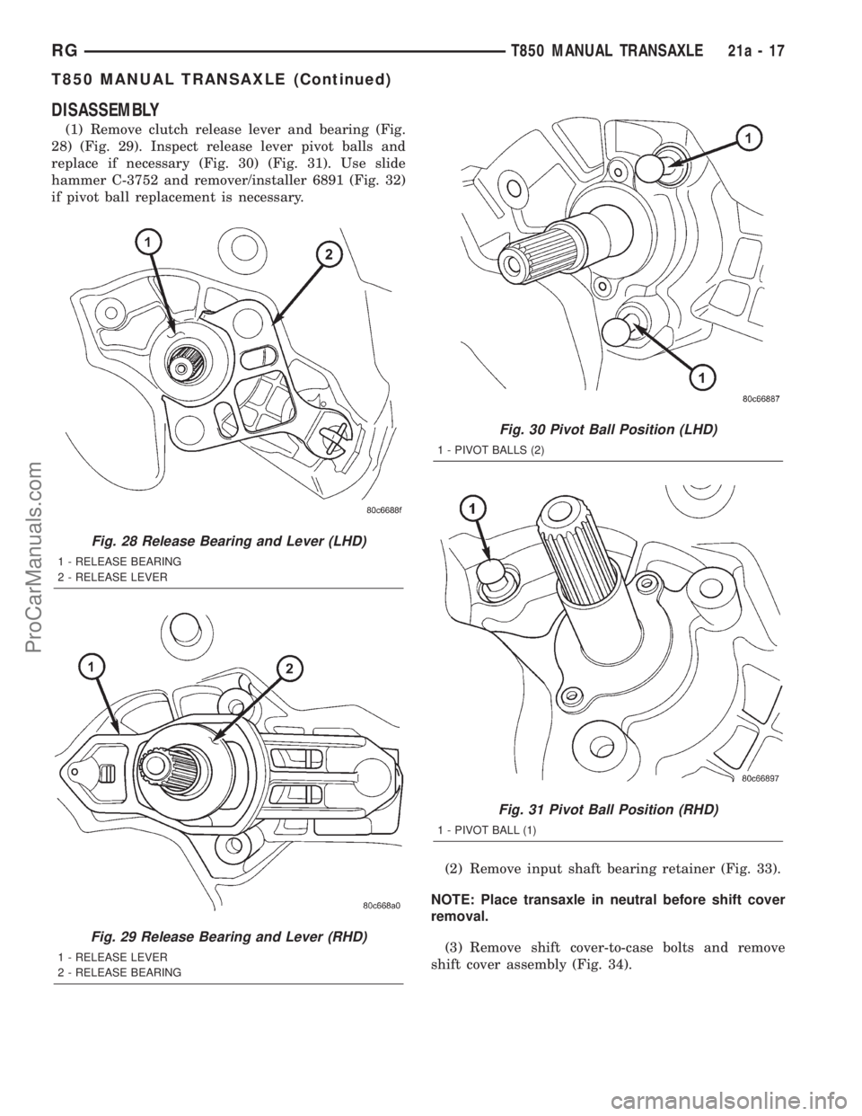 DODGE TOWN AND COUNTRY 2001  Service Manual DISASSEMBLY
(1) Remove clutch release lever and bearing (Fig.
28) (Fig. 29). Inspect release lever pivot balls and
replace if necessary (Fig. 30) (Fig. 31). Use slide
hammer C-3752 and remover/install