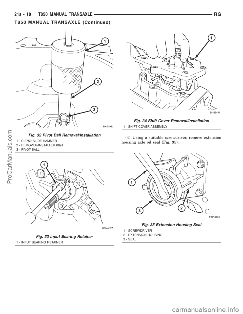 DODGE TOWN AND COUNTRY 2001  Service Manual (4) Using a suitable screwdriver, remove extension
housing axle oil seal (Fig. 35).Fig. 32 Pivot Ball Removal/Installation
1 - C-3752 SLIDE HAMMER
2 - REMOVER/INSTALLER 6891
3 - PIVOT BALL
Fig. 33 Inp