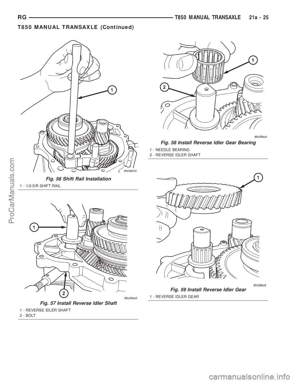 DODGE TOWN AND COUNTRY 2001  Service Manual Fig. 56 Shift Rail Installation
1 - 1/2-5/R SHIFT RAIL
Fig. 57 Install Reverse Idler Shaft
1 - REVERSE IDLER SHAFT
2 - BOLT
Fig. 58 Install Reverse Idler Gear Bearing
1 - NEEDLE BEARING
2 - REVERSE ID